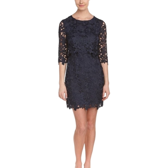 Navy Lace Dress Cynthia Steffe Audrey Floral lace Sheath Party 3/4 Sleeves Sz 6 - Picture 6 of 7